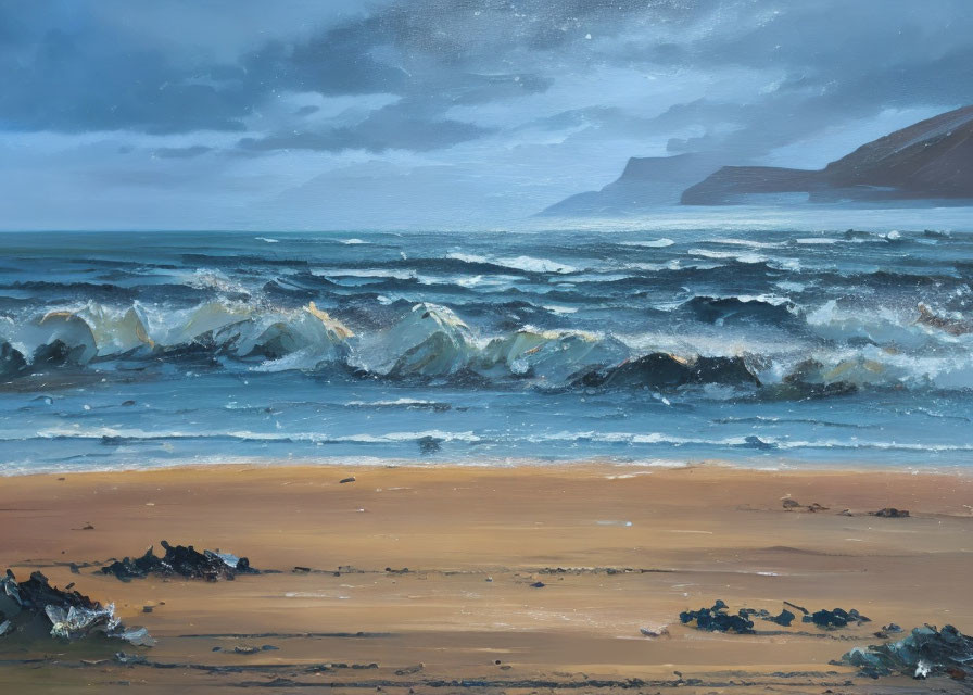 Stormy Sea Painting with Crashing Waves and Dark Sky