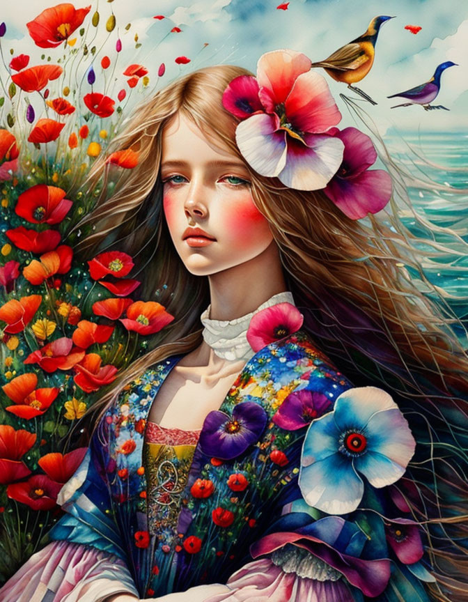 Surreal portrait of young woman with flowers and bird in flowing hair by seascape