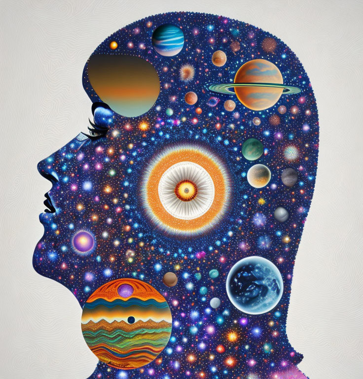 Vibrant cosmic imagery in human head silhouette: stars, planets, galaxy.