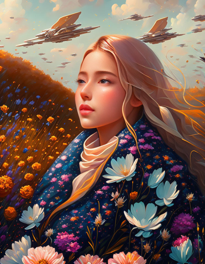 Digital painting: Woman with flowing hair in floral garment, surrounded by vibrant flowers and floating islands.