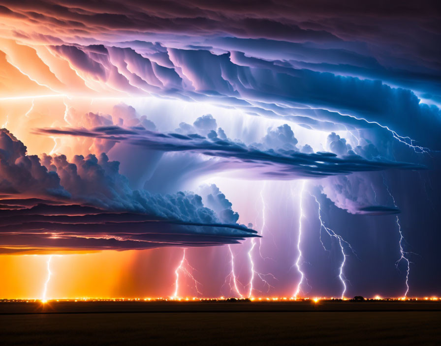 Dramatic supercell thunderstorm with lightning strikes under layered shelf cloud