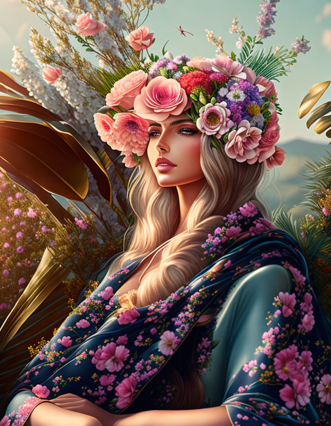 Digital artwork: Woman in floral wreath & kimono, nature backdrop