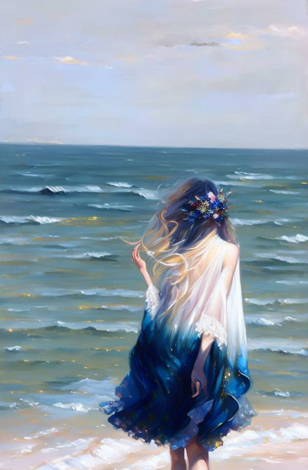 Woman in Blue Dress Standing by the Sea with Blonde Hair and Flowers