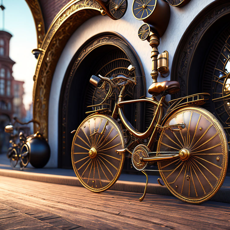 Steampunk-style bicycle with gears and clockwork designs near metallic doors