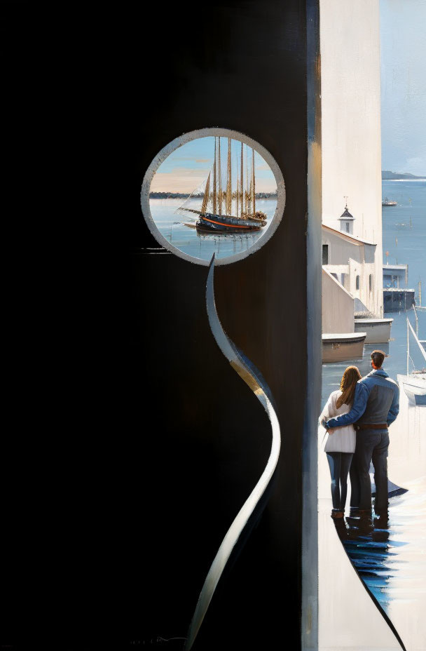 Couple Holding Hands Looking at Ship Through Surreal Keyhole Opening