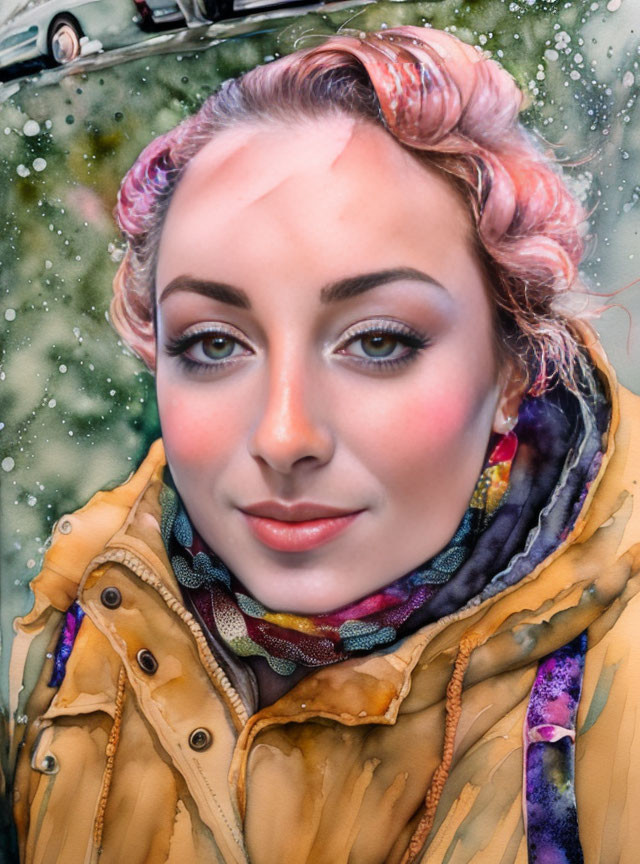 Woman with Pink Hair in Rolls, Yellow Jacket, Scarf, Watercolor Effect, Snow Speck
