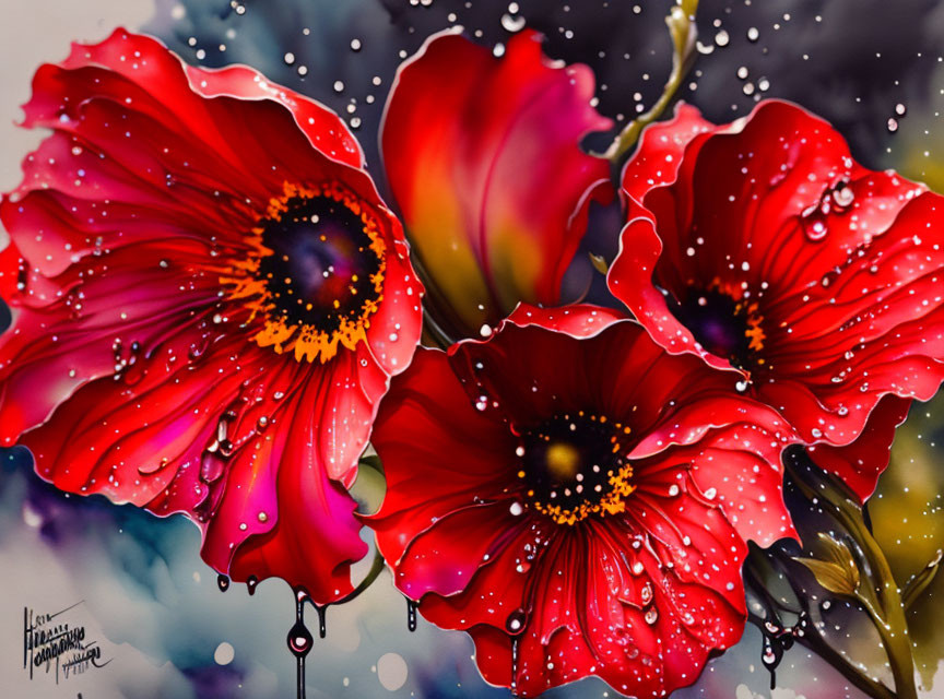 Bright Red Flowers with Yellow Centers and Water Droplets on Blurred Background