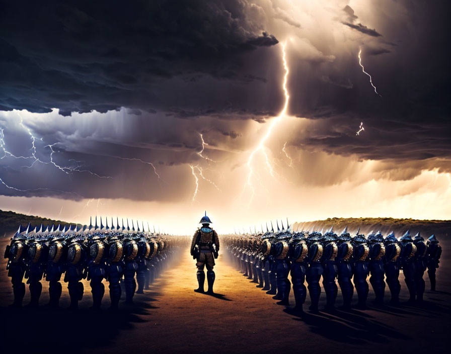 Armored warrior walking towards stormy horizon amidst soldiers and lightning.