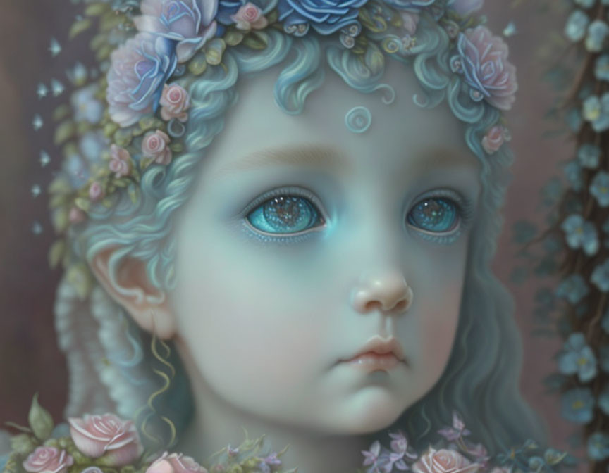 Child with Large Blue Eyes Surrounded by Floral Adornments