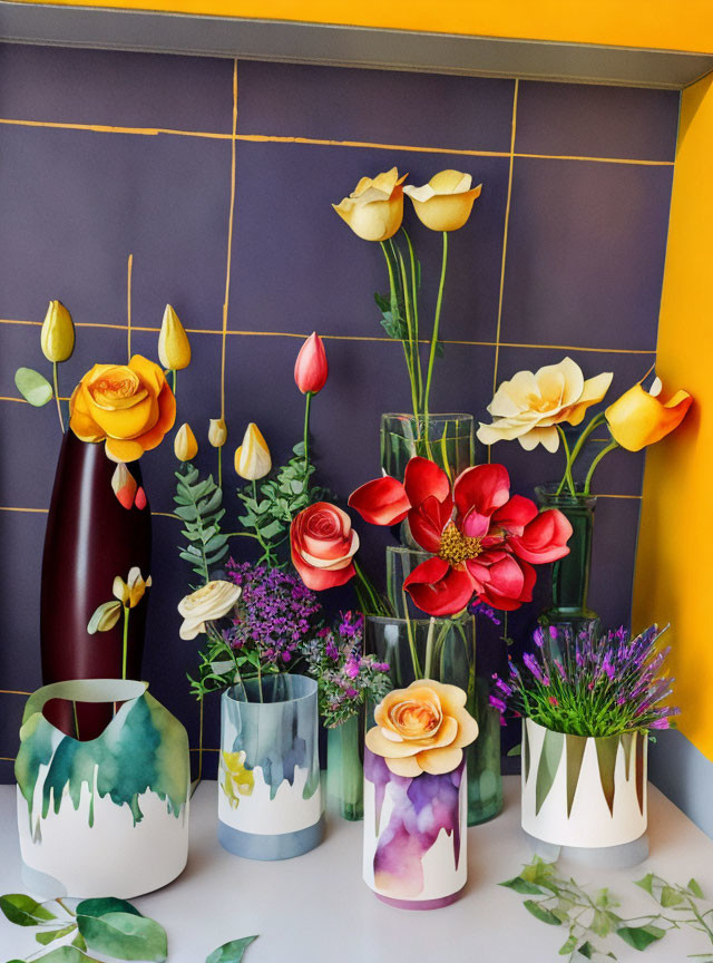 Vibrant artificial flowers in decorative vases on purple backdrop