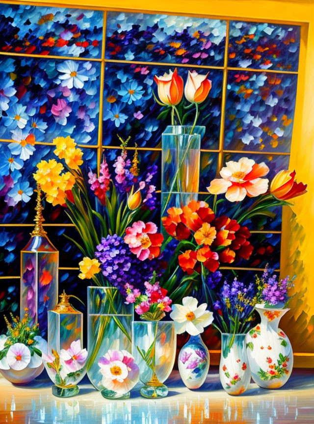 Colorful Flower Paintings in Glass Vases and Mosaic Background