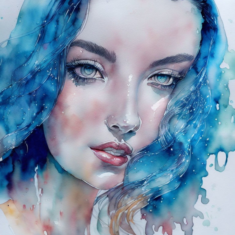 Vivid Watercolor Portrait of Young Woman with Blue Hair