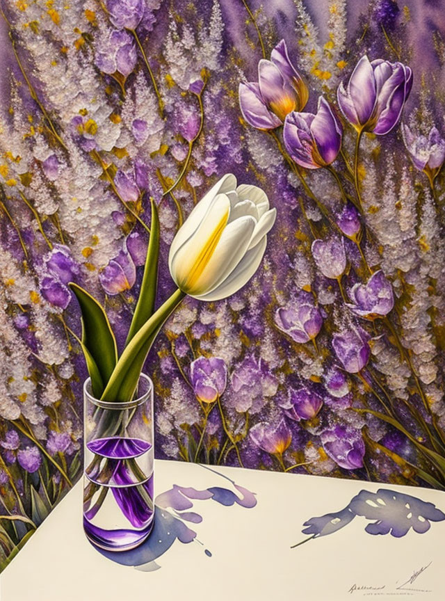 Realistic purple and white tulips in clear vase with lilac backdrop.