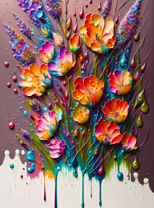 Colorful Flower Painting with Melting Effect and Dripping Paint