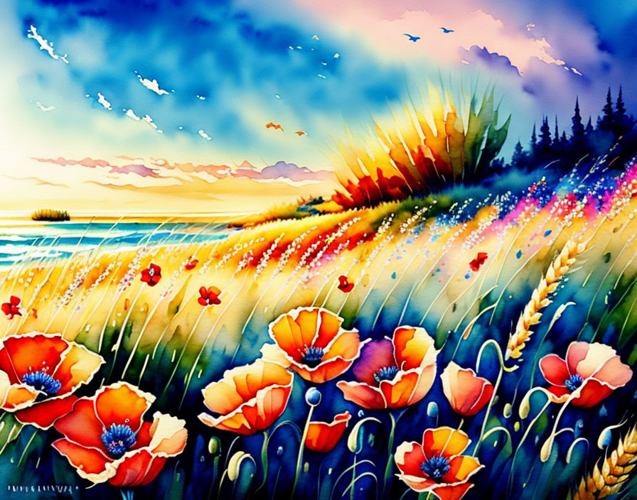 Colorful Watercolor Painting of Seaside Landscape with Red Poppies at Sunset