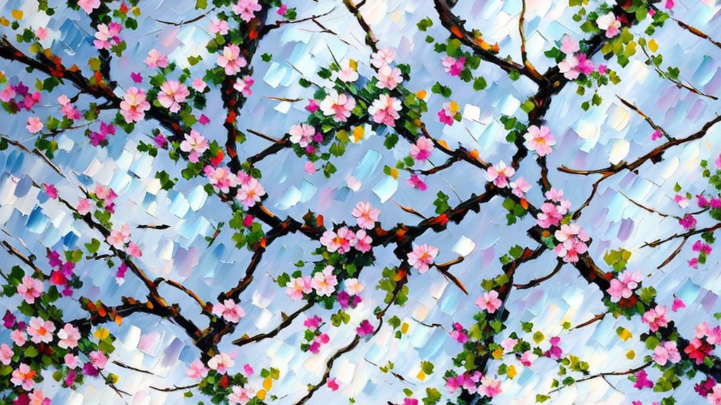 Colorful cherry blossoms painting with impasto brush strokes