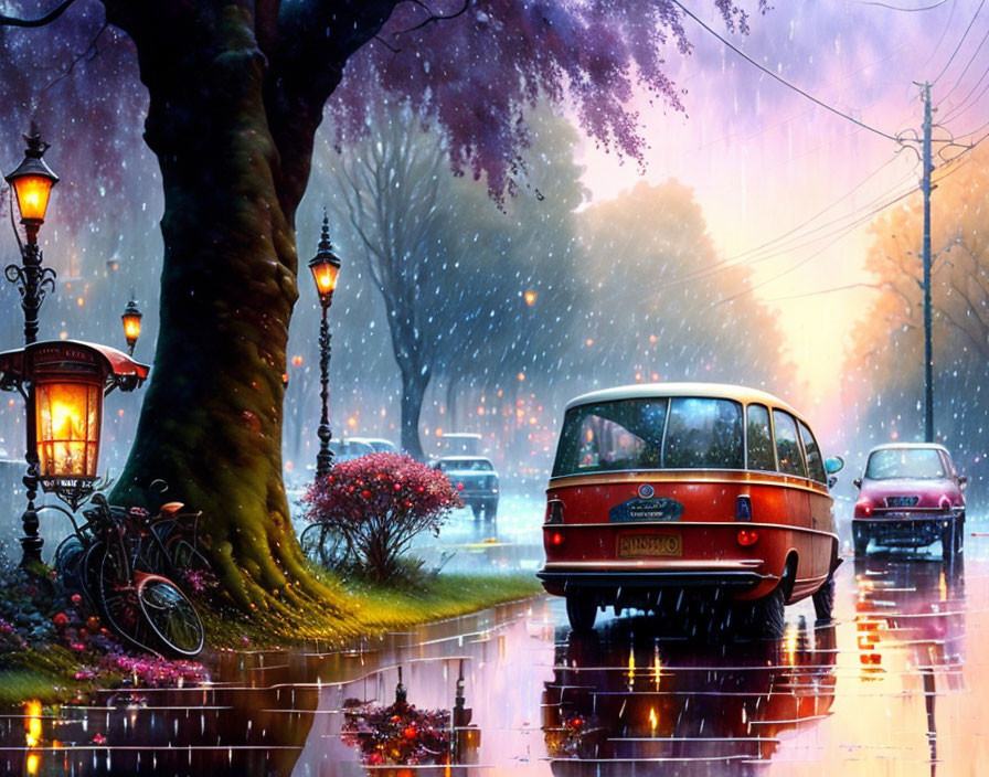 Vintage bus and cars in rainy street scene with bicycle under street lamps