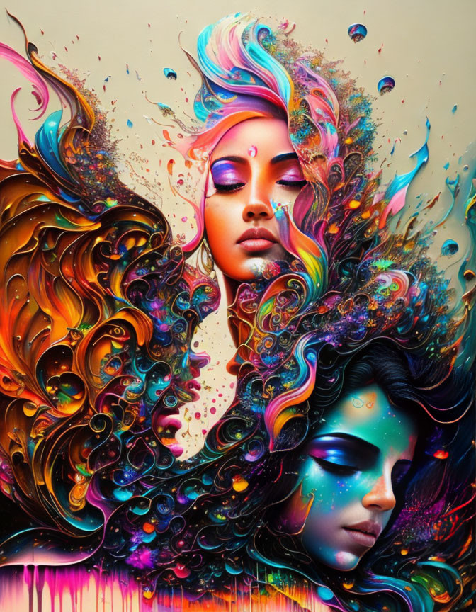 Colorful digital artwork: Two women with flowing hair on abstract background