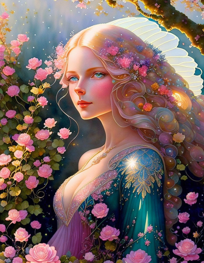 Ethereal fairy with long hair among luminous flowers