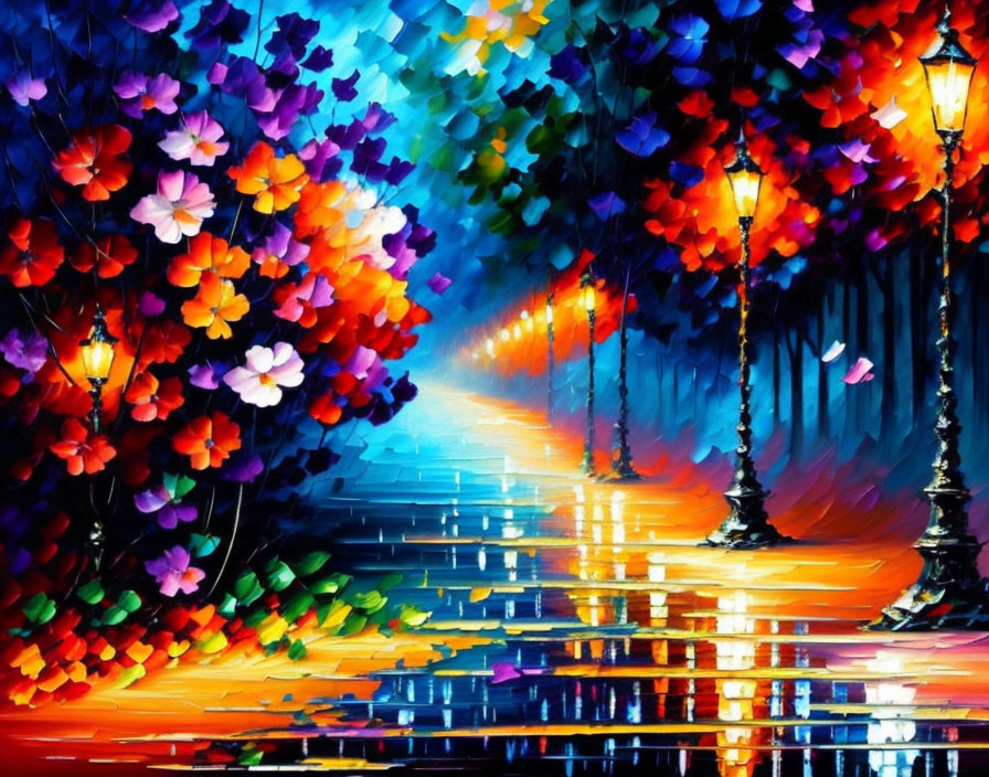 Colorful Tree-Lined Path Painting with Bright Flowers and Street Lamps