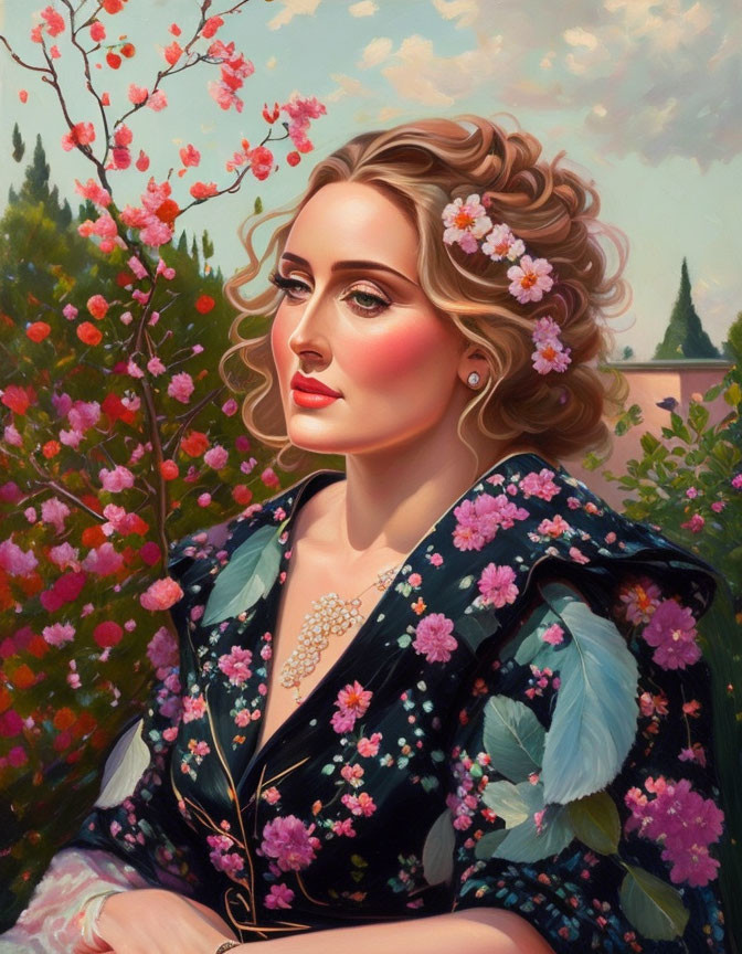 Woman with Floral Adornments in Hair and Black Dress Surrounded by Pink Blossoms