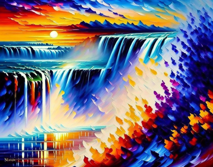 Colorful painting of a sunset waterfall with exaggerated brush strokes