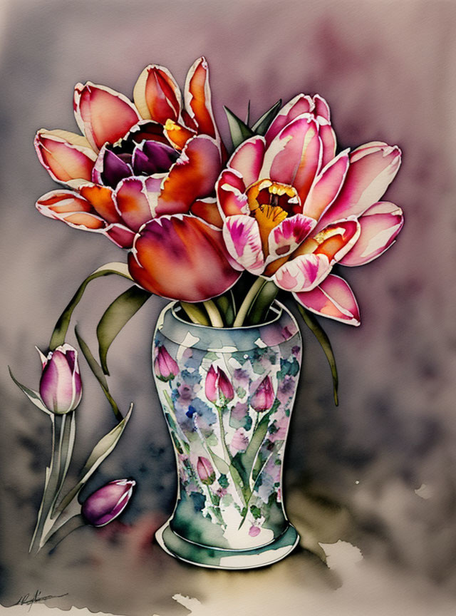 Vibrant tulips in decorative vase against soft background