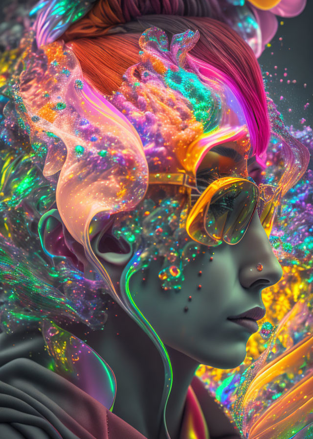 Colorful Digital Artwork: Female Figure with Flowing Hair and Neon Cosmic Aura