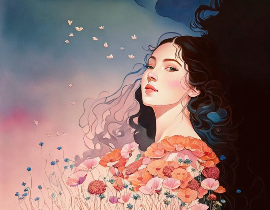 Illustration of woman with flowing hair and butterflies in vibrant floral scene