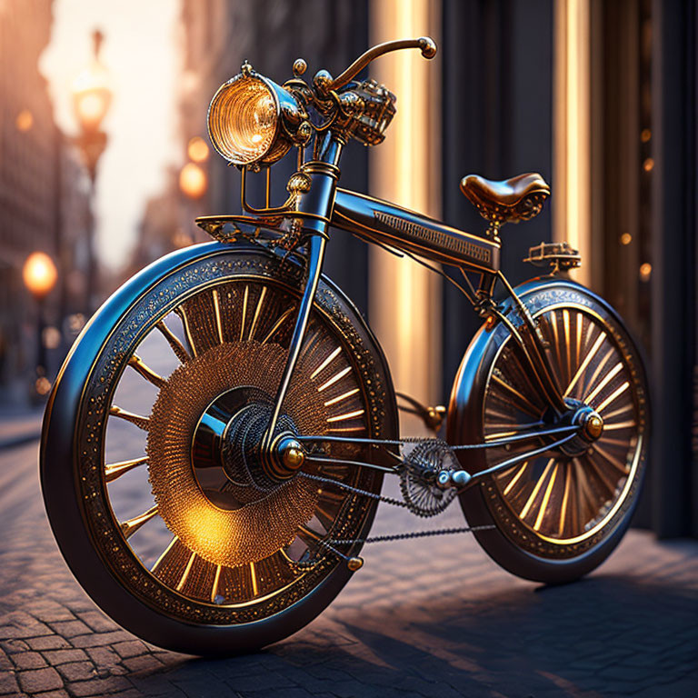 Ornate vintage-style bicycle with gold accents on city street at sunset