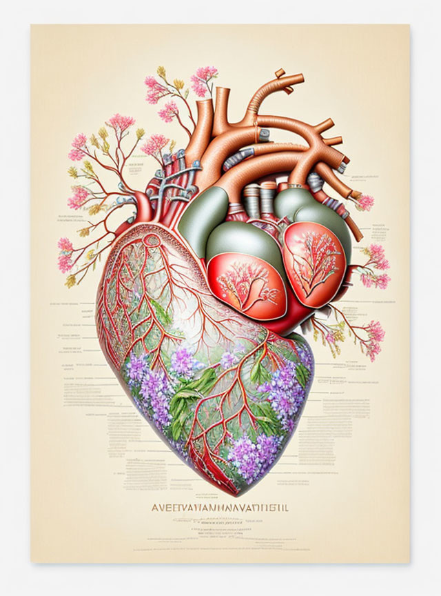 Illustrated poster: Human heart & tree branches fusion with text labels