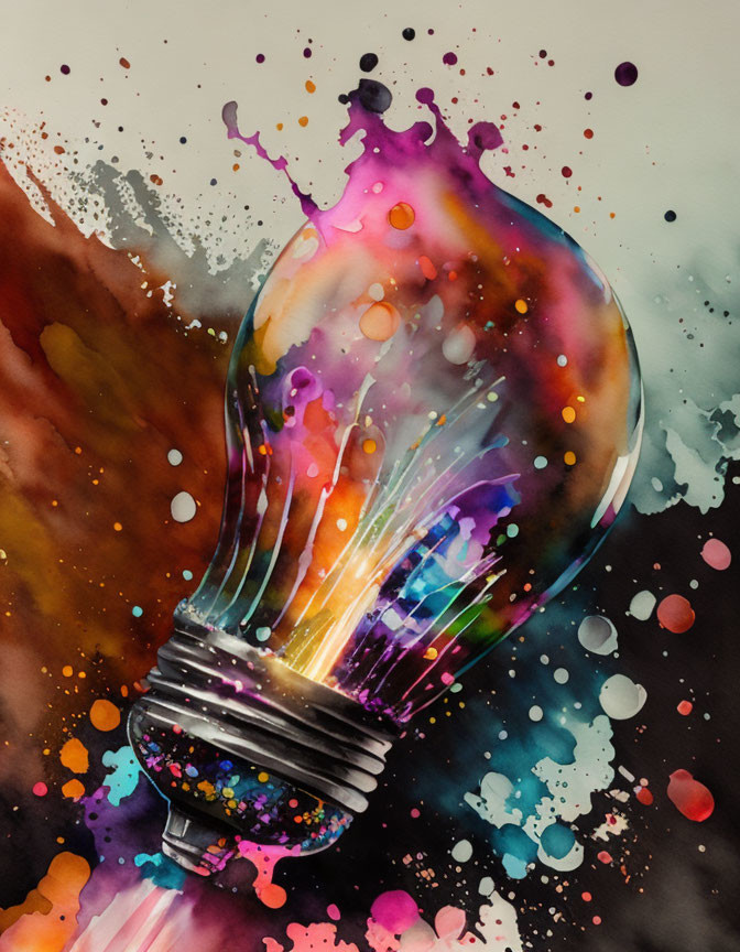 Colorful Watercolor Painting of Lightbulb with Burst of Inks