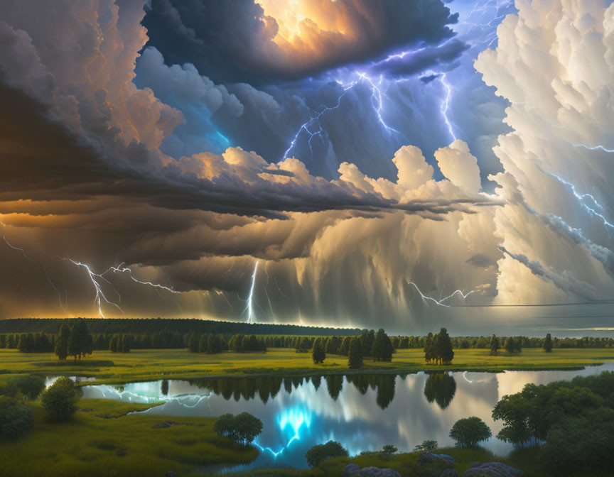 Thunderstorm with Lightning Strikes Over Serene Landscape