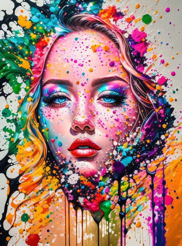 Colorful Portrait of Woman with Paint Splashes and Detail