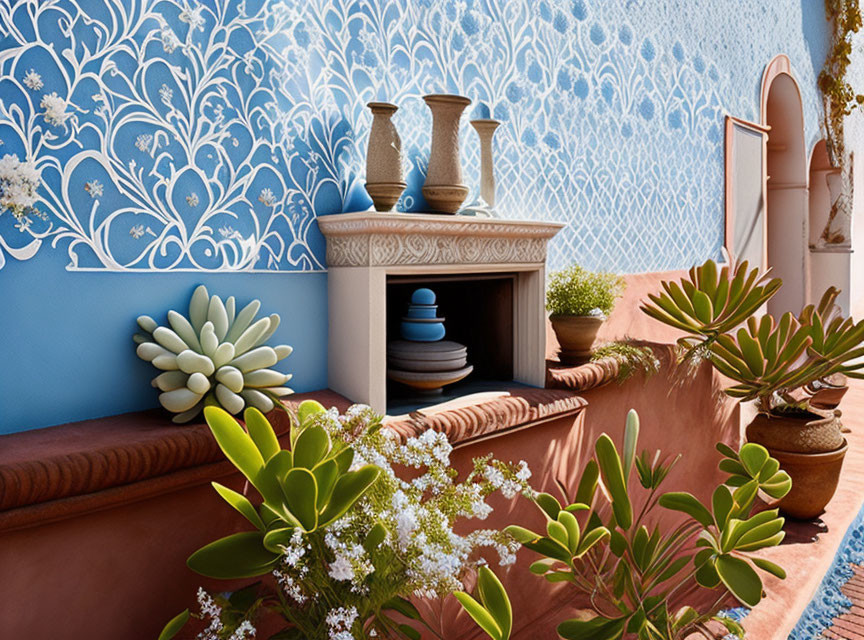 Blue-patterned wall, terracotta fireplace, bench with cushions, and green plants in outdoor area