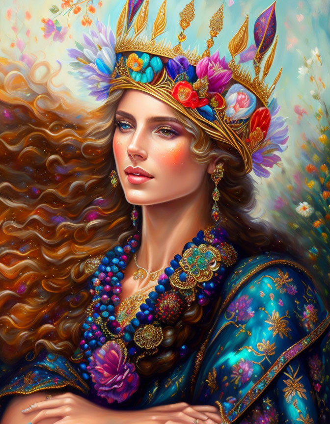 Colorful Woman Illustration with Flowing Hair and Crown in Royal Blue Attire