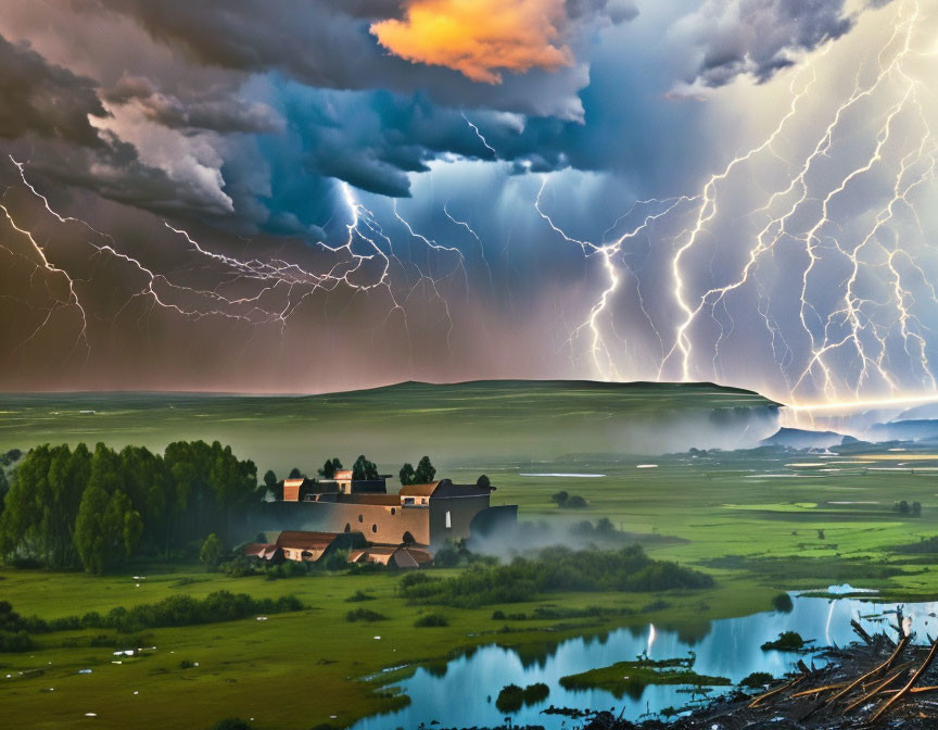 Thunderous lightning strikes over fortress-like building in dramatic landscape