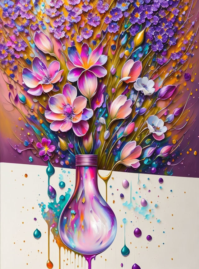 Colorful Flower Bouquet Emerging from Purple Paint Bottle on Warm Background