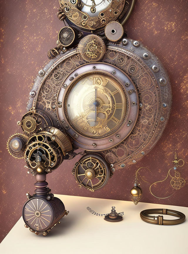 Intricate Steampunk Clockwork Arrangement with Gears and Mechanical Parts