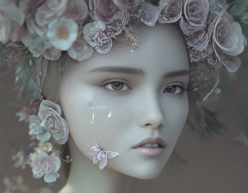 Woman with floral wreath and tear-like embellishments on cheeks