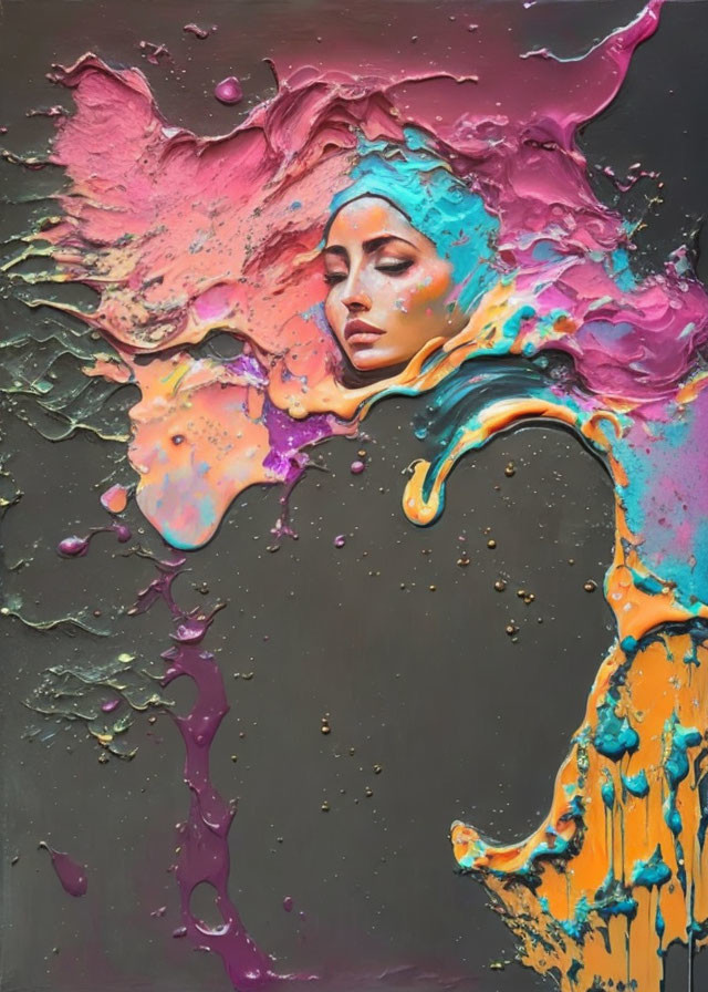 Colorful Abstract Painting of Woman's Face in Pink, Blue, Orange, and Purple on Dark Background