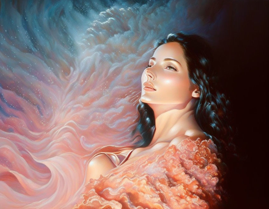 Dark-haired woman in cosmic setting with swirling blue and pink clouds