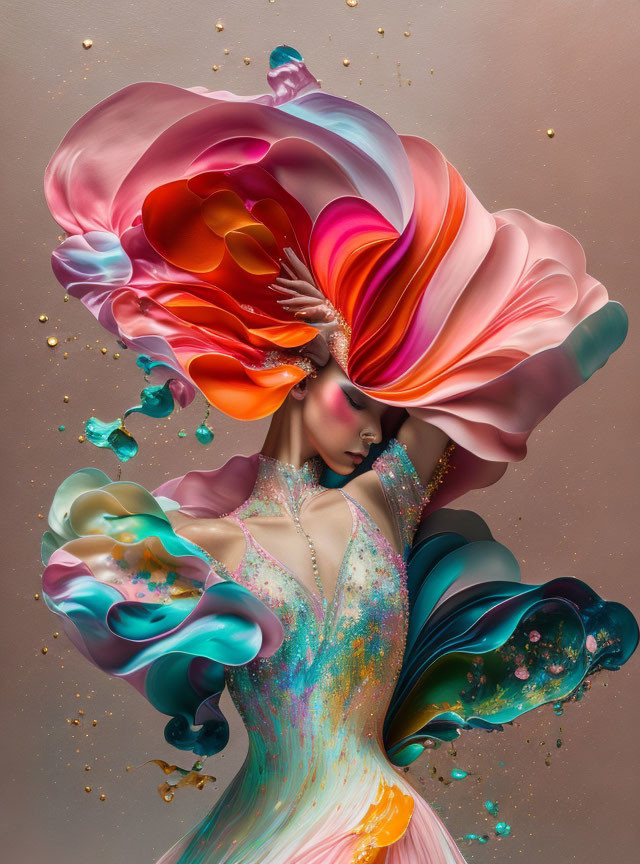 Colorful Floral Headpiece and Vibrant Bodysuit with Liquid-like Extensions