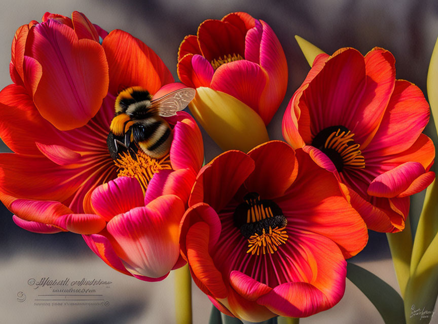 Red Tulips with Yellow Edges and Bees on Grey Background