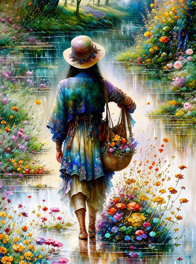 Woman in Colorful Outfit with Basket by River and Flowers