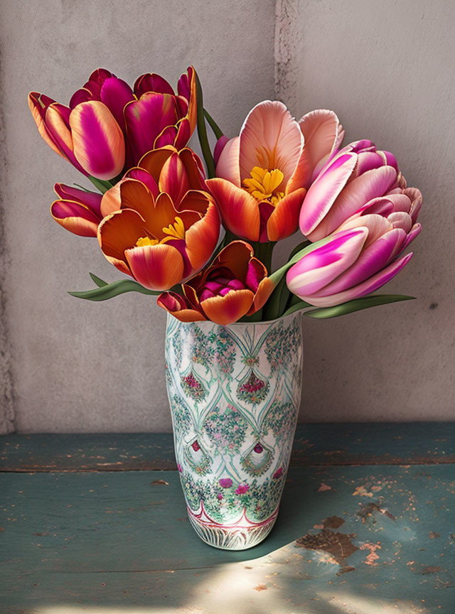 Floral pattern vase with vibrant tulips on table in sunlight