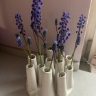 Pastel Ceramic Vases with Purple Flowers on Rustic Background