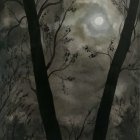 Nighttime Forest Scene with Full Moon and Dense Foliage