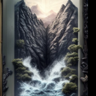 Illustrated open book with magical mountain landscape.