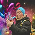 Person holding cupcake with candle in starry backdrop surrounded by balloons